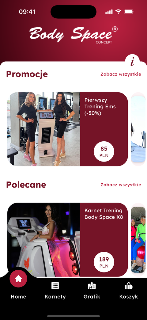 Bodyspace home screen with promotions and recommended passes, each with its price.
