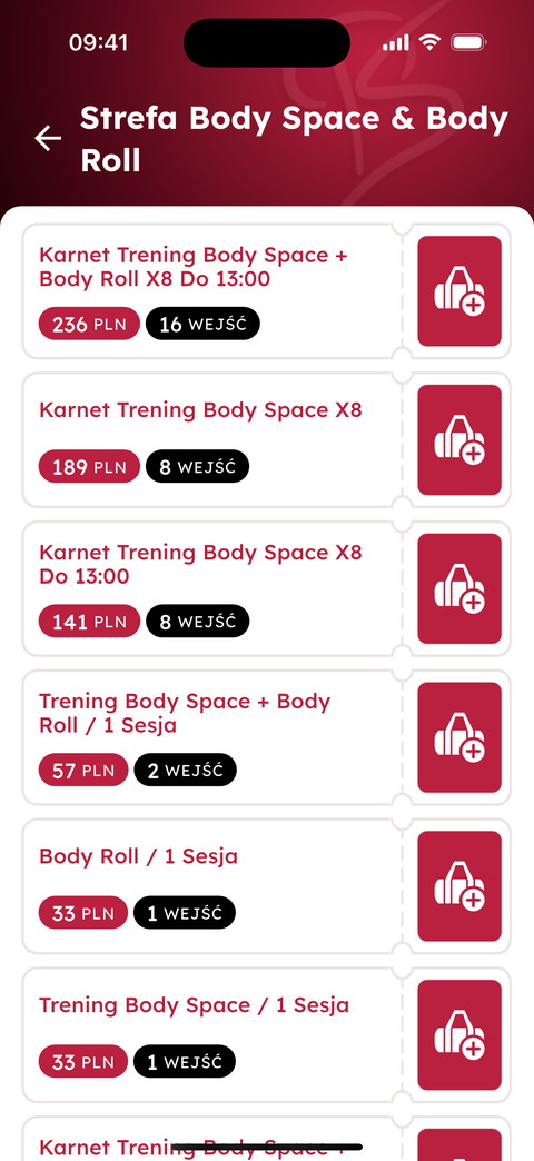 A zone screen listing passes with their price and number of entries, each with an add-to-cart button.