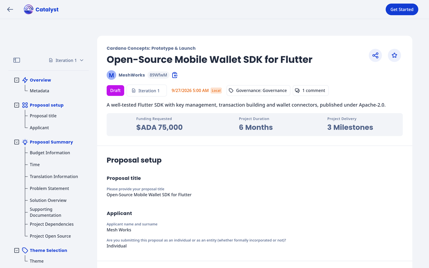 A proposal page with its section outline on the left and funding, duration and milestones in the header.